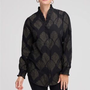 CHICOS Ruffled Black and Gold Button Front Top